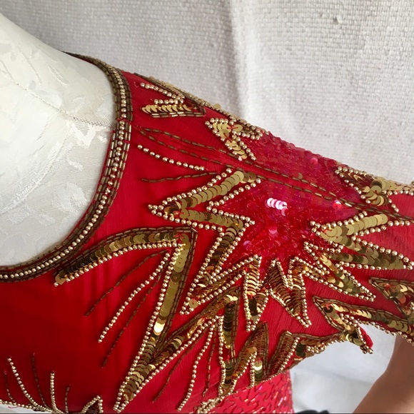 Vintage 80s 90s S/M July 4th Fireworks Silk Party Beaded Dress Holiday Stars - Picture 5 of 16